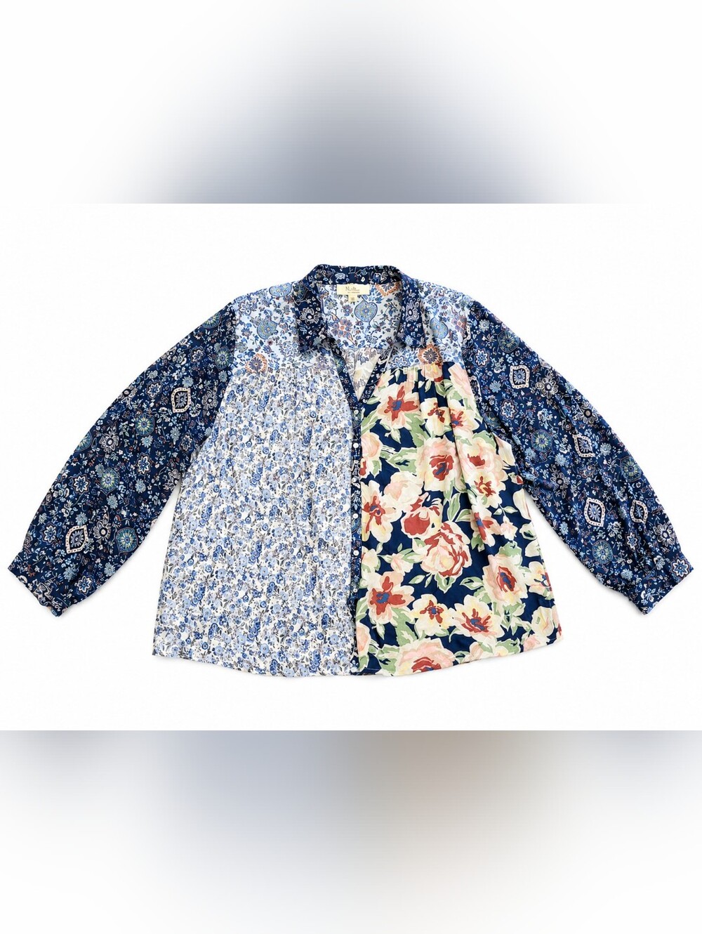 Nurture by Westbound 3X Patchwork Floral Boho Rayon Button Front Blouse - Picture 4 of 7